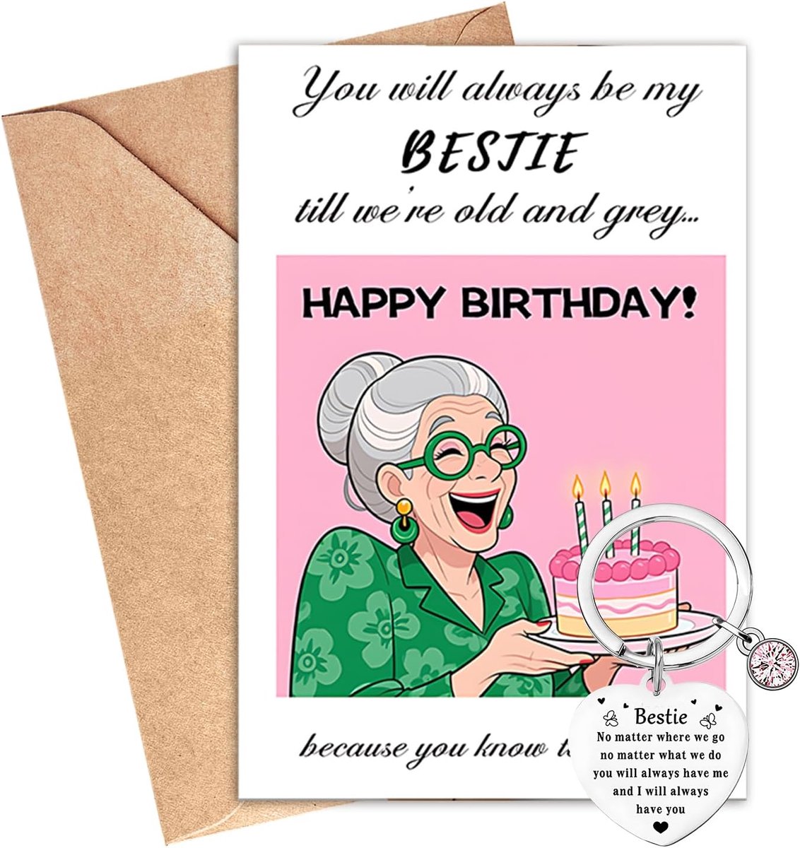 Verjaardagskaart voor Vriendin met Sleutelhanger, Grappige Wenskaart met Hartvormige Sleutelhanger, Cadeauset voor Beste Vrienden, Zus, Collega en Vrouwen (Set G)