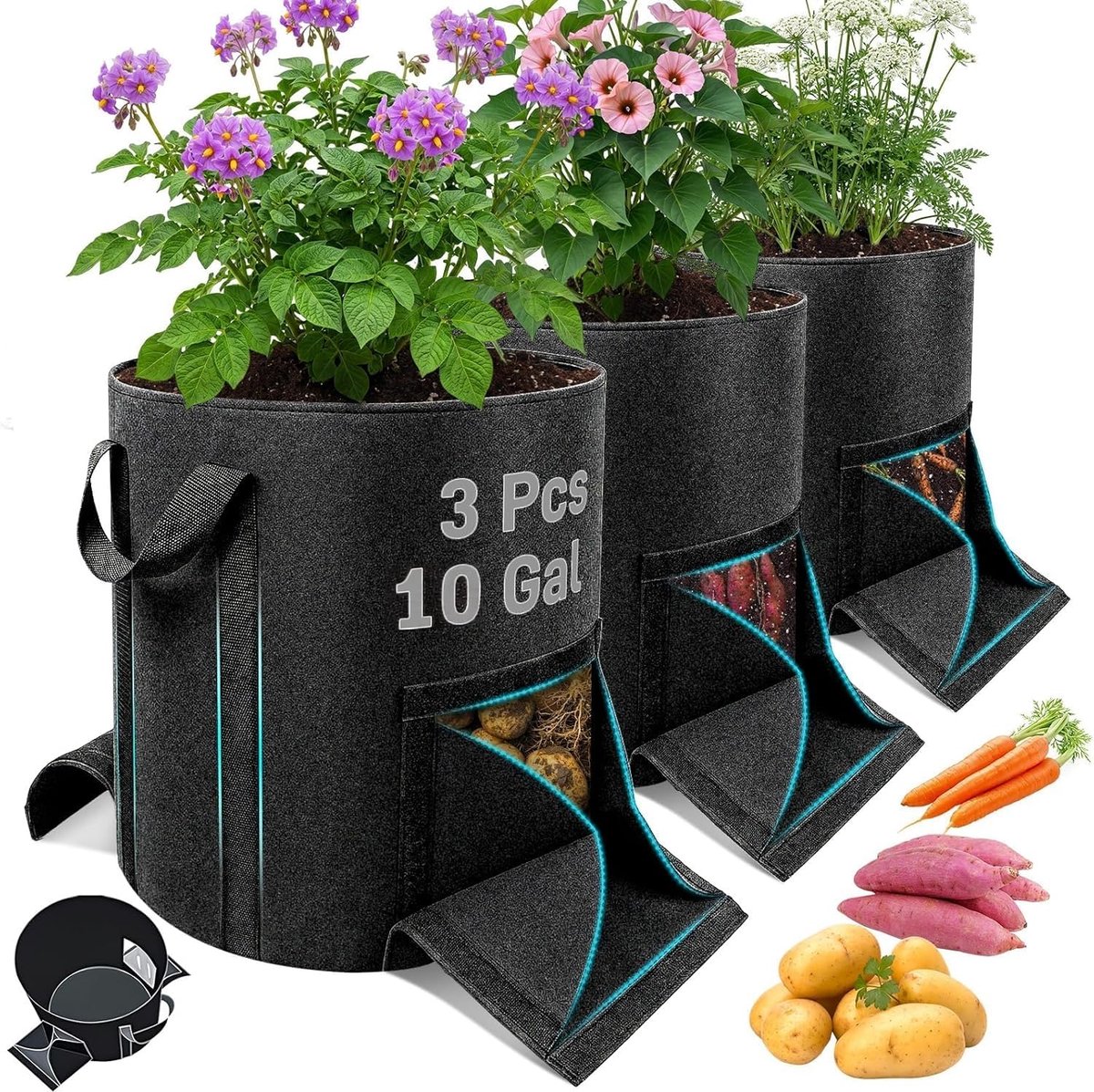 Aardappelplantenzak, 40 liter, set van 3 met oogstvenster, versterkte vlies-plantenpot voor aardappelen, tomaten en - ShopVlot