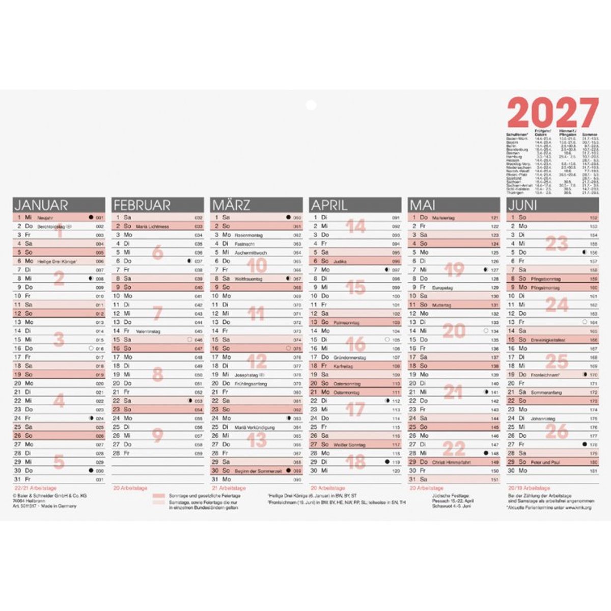 Glocken Bureaukalender A4, 6 maanden per pagina, rood/zwart
