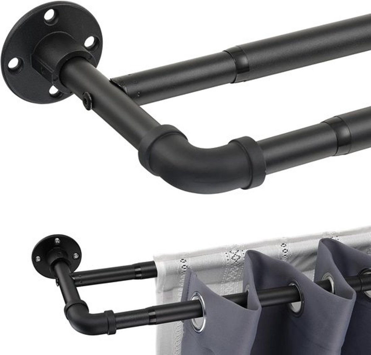 Dubbele gordijnroede - Industriële stang - Voor het ophangen van gordijnen - Verstelbare lengte - 74-236 cm - Mata Zwart