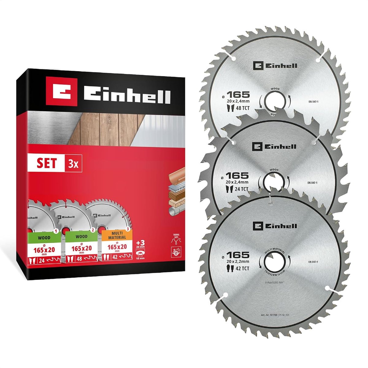 Einhell 3-delige cirkelzaagbladenset, hout, multimateriaal, Ø 165 x 20 mm