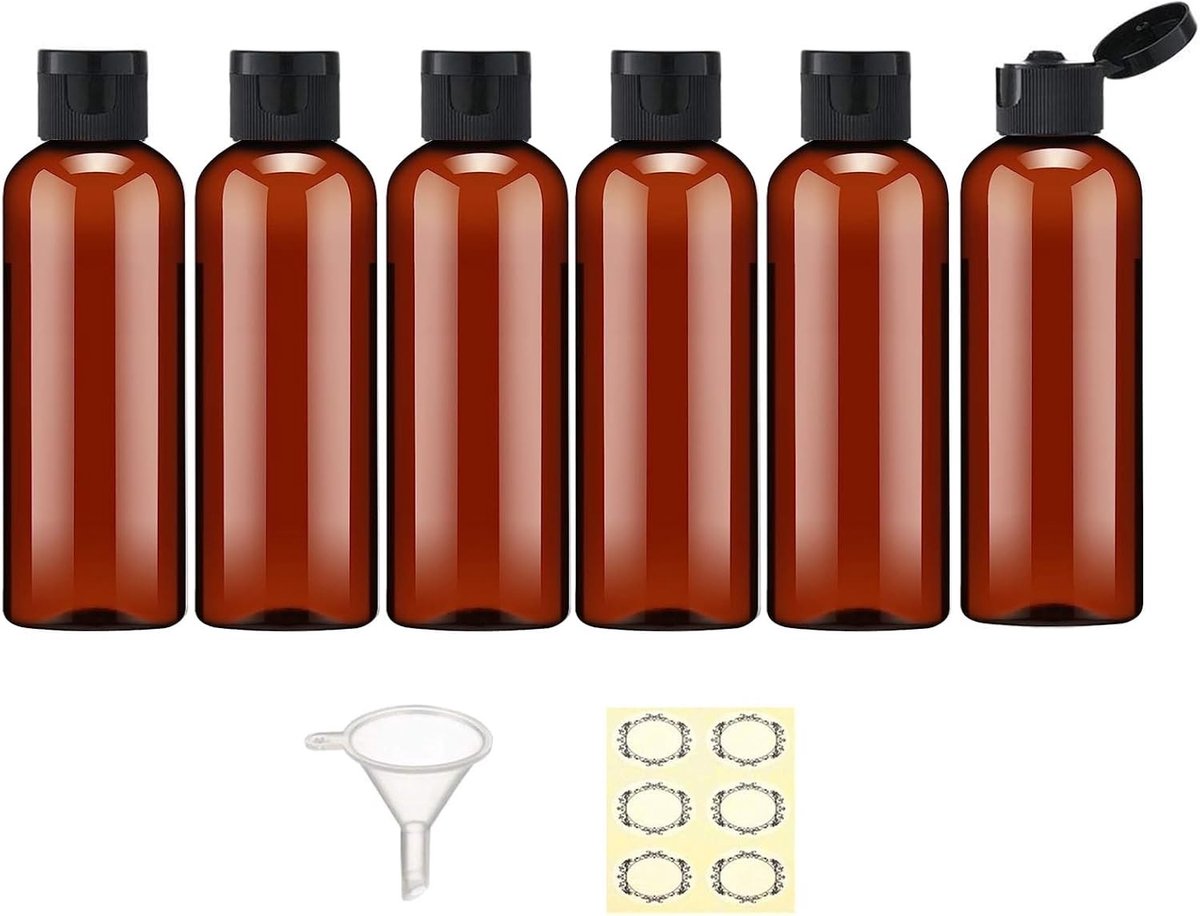 Set van 6 Herbruikbare Plastic Reisbottles van 100ml met Flip Cap, Inclusief Trechter en 6 Labels - Ideaal voor Shampoo, Lotion en Toilettas