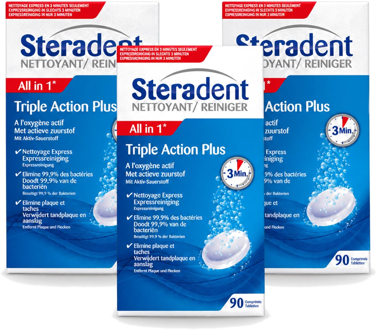 3 x Steradent - Kunstgebitreiniger - Tegen Tandplak En Aanslag - 90 Tabletten - Voordeelverpakking - 3 stuks