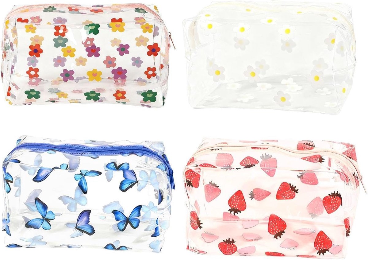 4Pcs Cute Transparent Cosmetic Bags, Portable Cosmetic Bags, Waterproof Travel Toiletry Bags, Pencil Case For Students - ShopVlot
