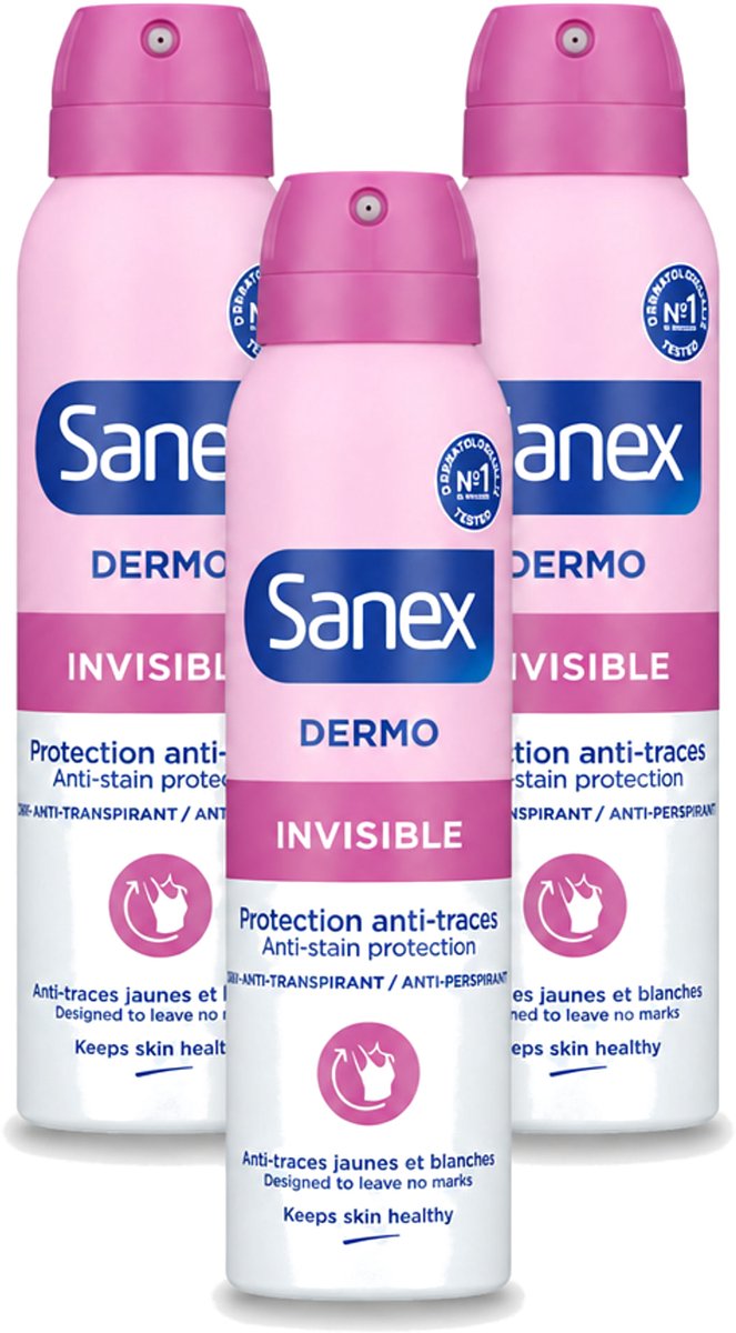 3 x Sanex – Deodorant Spray – Dermo Invisible – 150 ml - Voordeelverpakking - 3 stuks