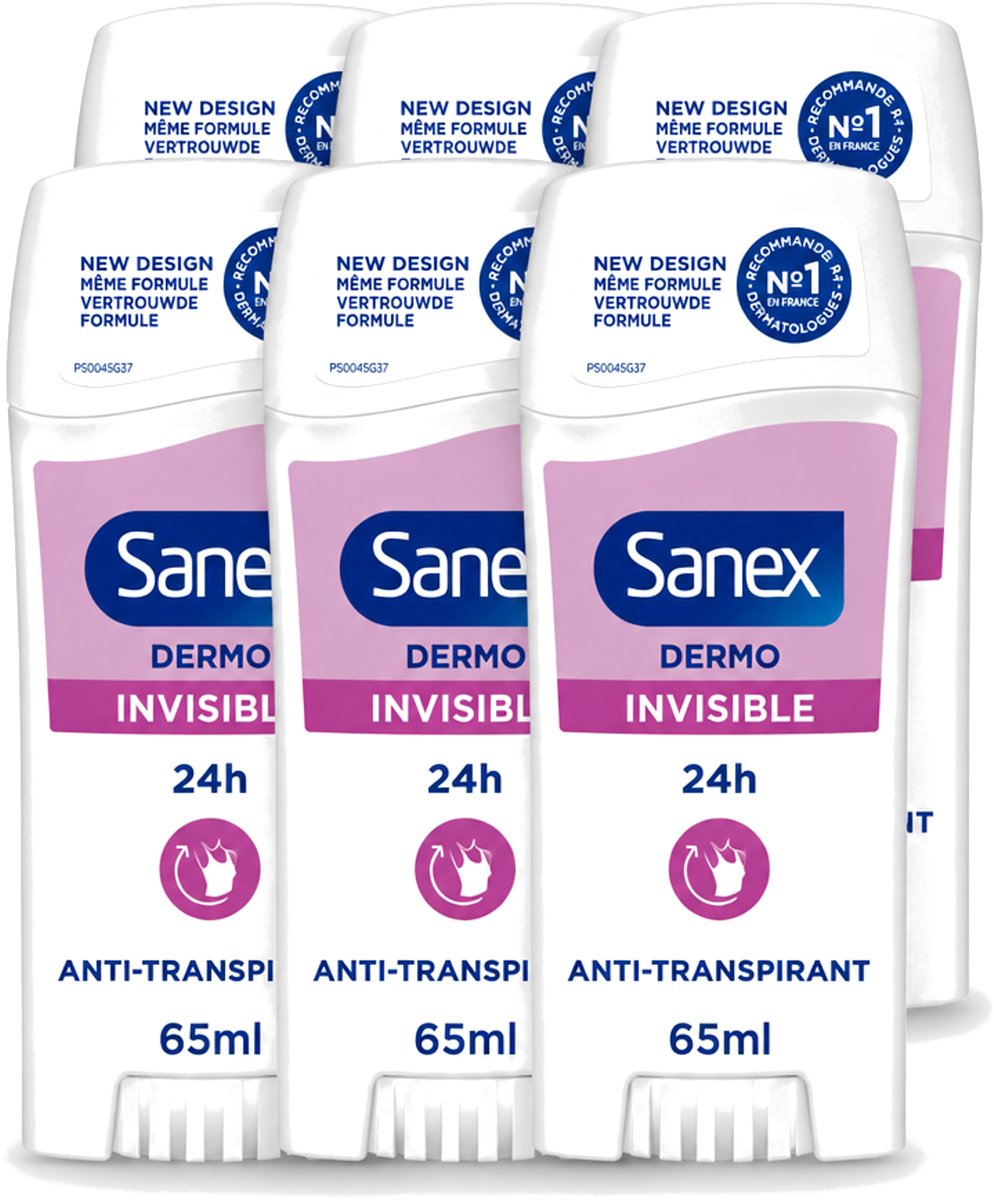 6 x Sanex – Deodorant Stick – Dermo Invisible – 65 ml - Voordeelverpakking - 6 stuks
