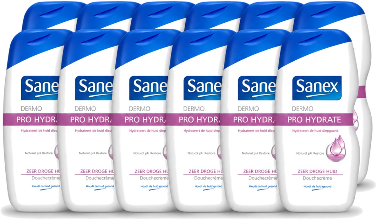 12 x Sanex Dermo - Pro Hydraterend - Douchecrème - Zeer Droge Huid - 500 ml - Voordeelverpakking - 12 stuks