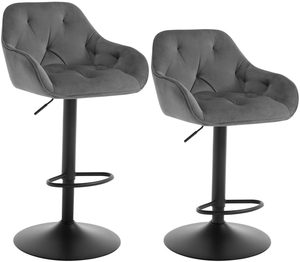 Whoopr® Set van 2 Fluwelen Barkrukken – In Hoogte Verstelbare & Draaibare Barstoelen met Voetsteun – Gestoffeerde Barkrukken voor Keuken, Kookeiland & Bar Grijs
