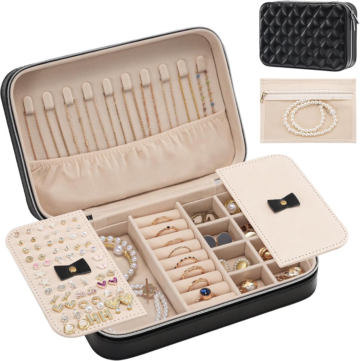 Lolalet Travel Jewellery Case for Women, Organizer with Mirror and Storage Bag, Portable Adjustable Jewellery Box for - ShopVlot