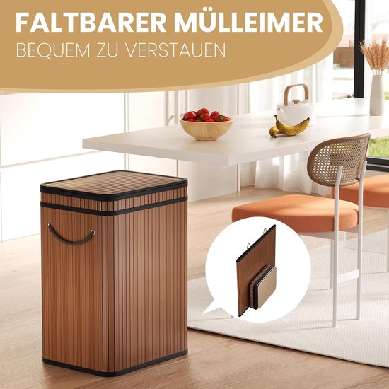 Afvalbak 80 Liter met Deksel van Bamboe voor Buiten, Thuis, Kantoor, Badkamer en Keuken - 40 x 30 x 60 cm (Premium Walnoot) — afbeelding 4