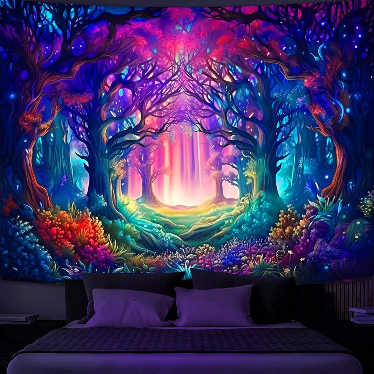 Simpkeely Blacklight Fantasy Forest Rug, UV-Reactive Nature Magic Tree Glowing Wall Hangings for Bedroom and Living - ShopVlot