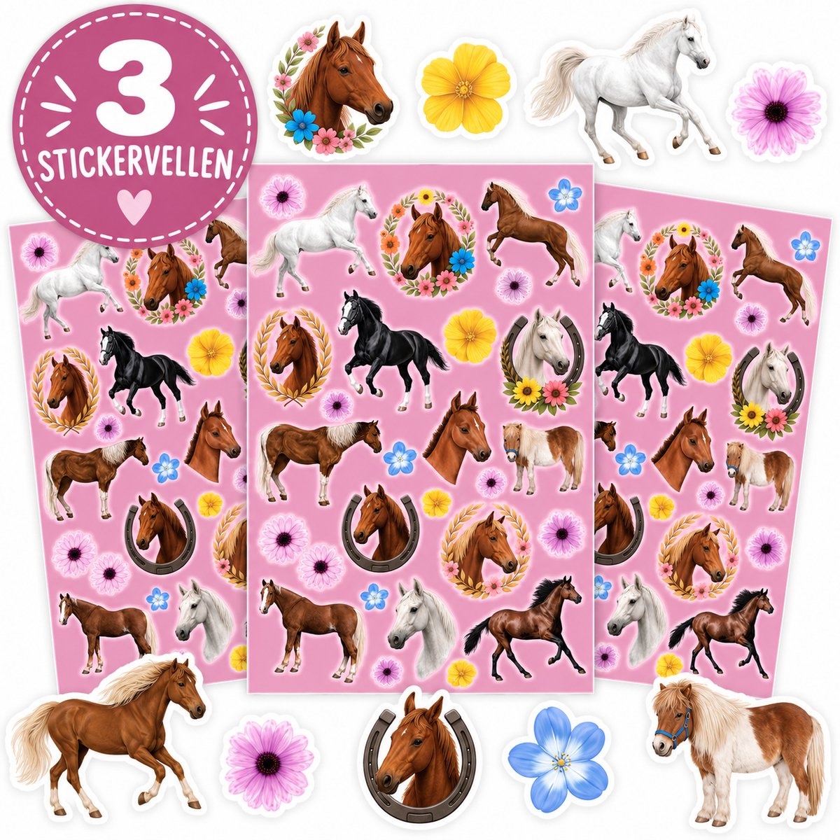 Stickers Paarden - 3 Stickervellen - Knutselen Meisjes - Paarden Stickers
