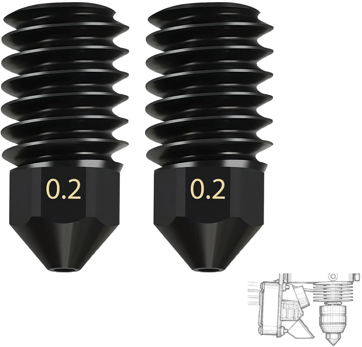 0.2mm Hardened Steel Nozzles - Set of 2 Nozzle for 3D Printer, Nozzle Hardened Steel, Tempered Steel, Nozle 0.2mm - ShopVlot