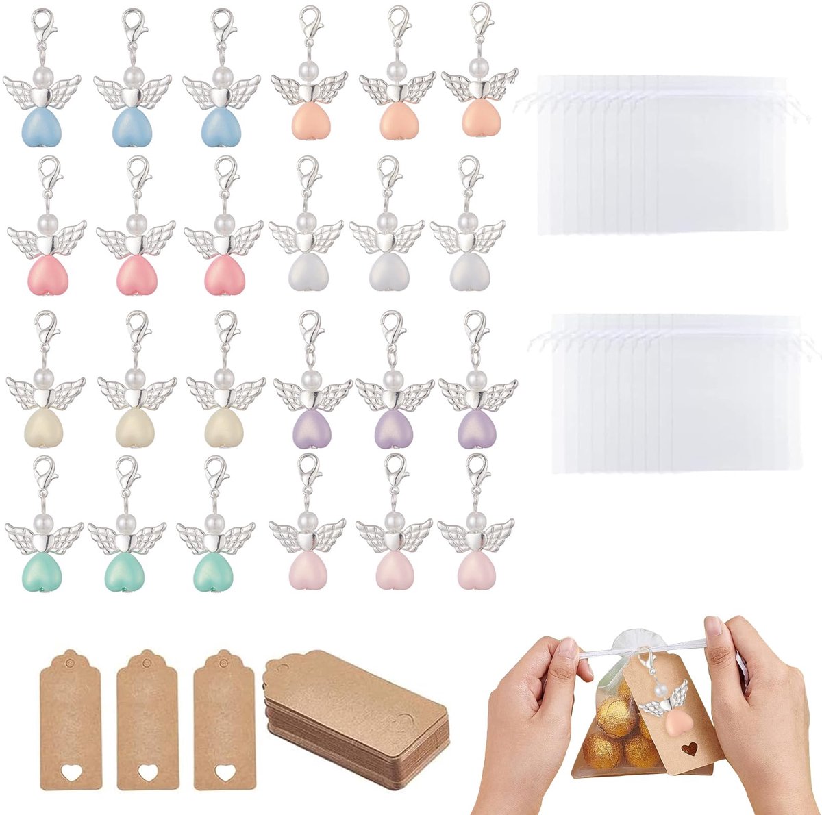 24 stuks beschermengel sleutelhangers set met 24 witte organzazakjes en 24 kraft kaartjes, bedankcadeautjes en - ShopVlot