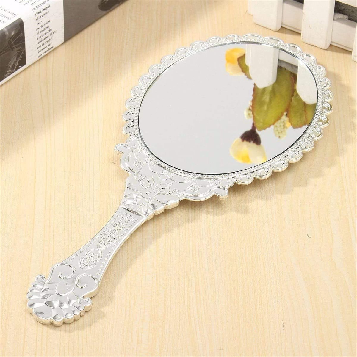Vintage ovale make-up bloemenspiegel handheld cosmetische spiegel zilver - ShopVlot