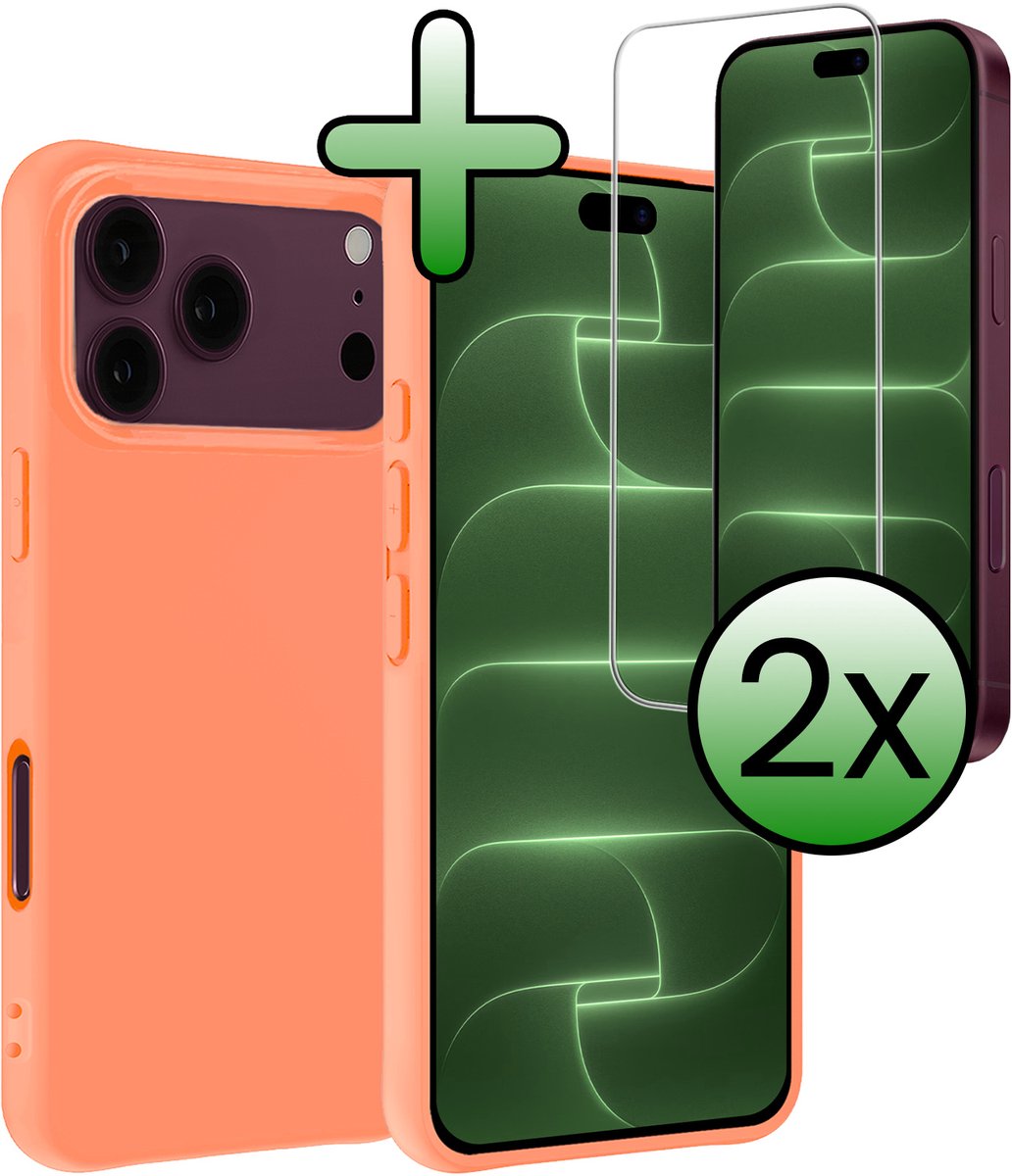 Hoesje Met 2x Screenprotector - Geschikt voor Apple iPhone 18 Pro - Sterk & Shockproof - Back Cover - Siliconen Case - Telefoon Hoes - Perzik