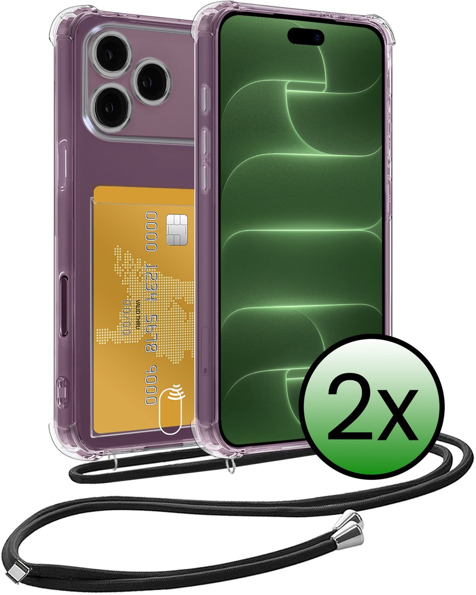 Hoes Geschikt voor iPhone 18 Pro Hoesje Pas Houder Shock Proof Case Hoes Met Koord - Hoesje Geschikt voor iPhone 18 Pro Hoes Met Telefoonkoord Pasjeshouder Cover - Transparant - 2 Stuks