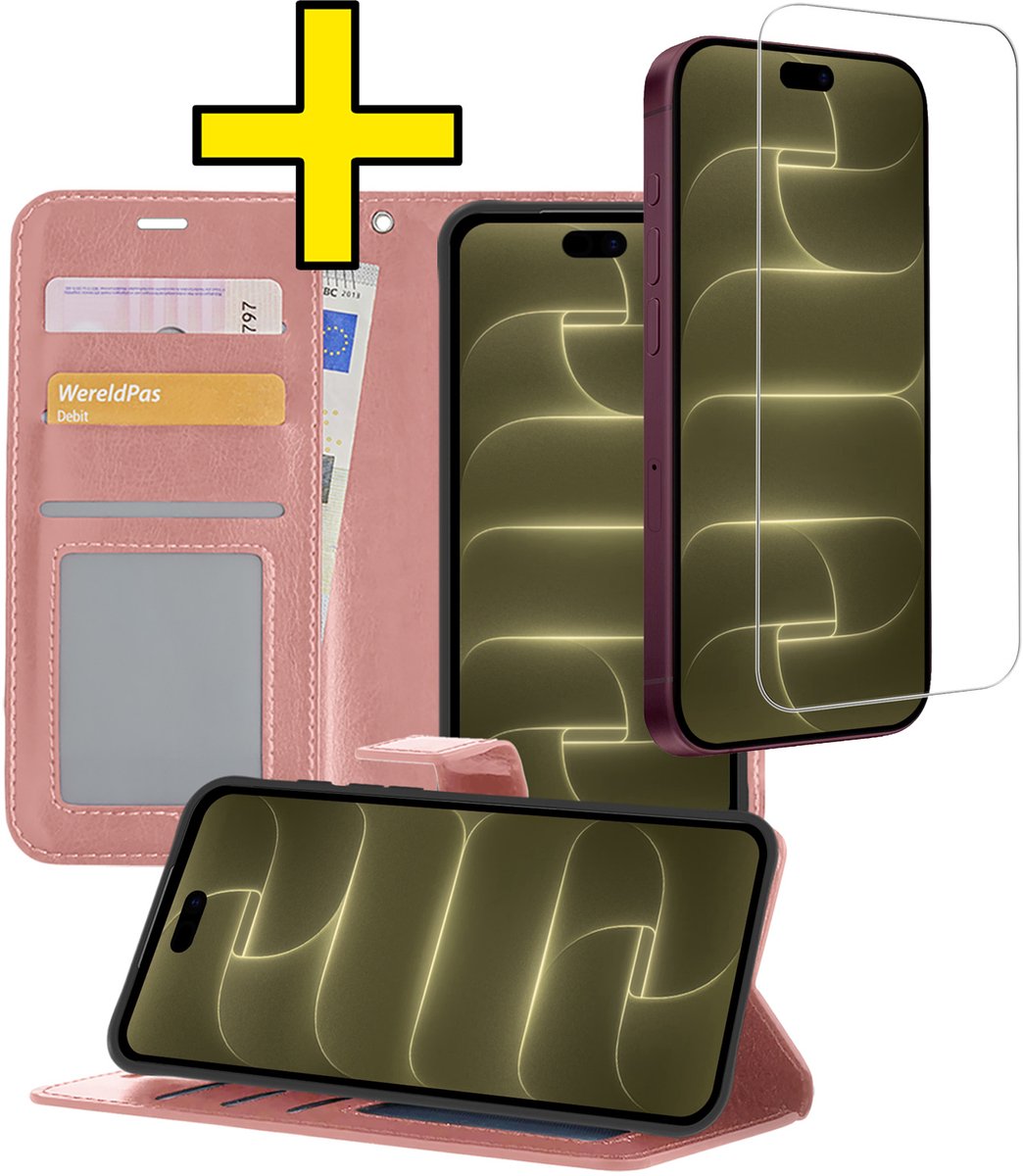 Hoesje - Met Screenprotector - Geschikt voor Apple iPhone 18 Pro Max - Luxe Pasjeshouder - Bookcase Portemonee - Flip Case - Kunstleer Book Case - Flipcase - Book Cover - Walletcase - Portemonneehoes - Telefoonhoesjes - Rosé goud