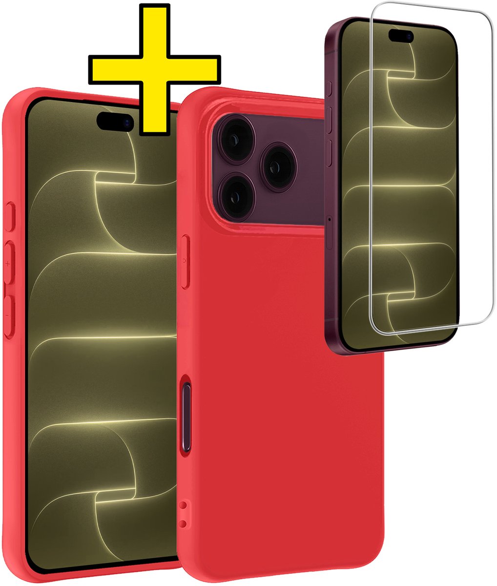 Hoesje - Met Screenprotector - Geschikt voor Apple iPhone 18 Pro - Sterk & Shockproof - Back Cover - Siliconen Case - Telefoon Hoes - Telefoonhoesjes - Rood