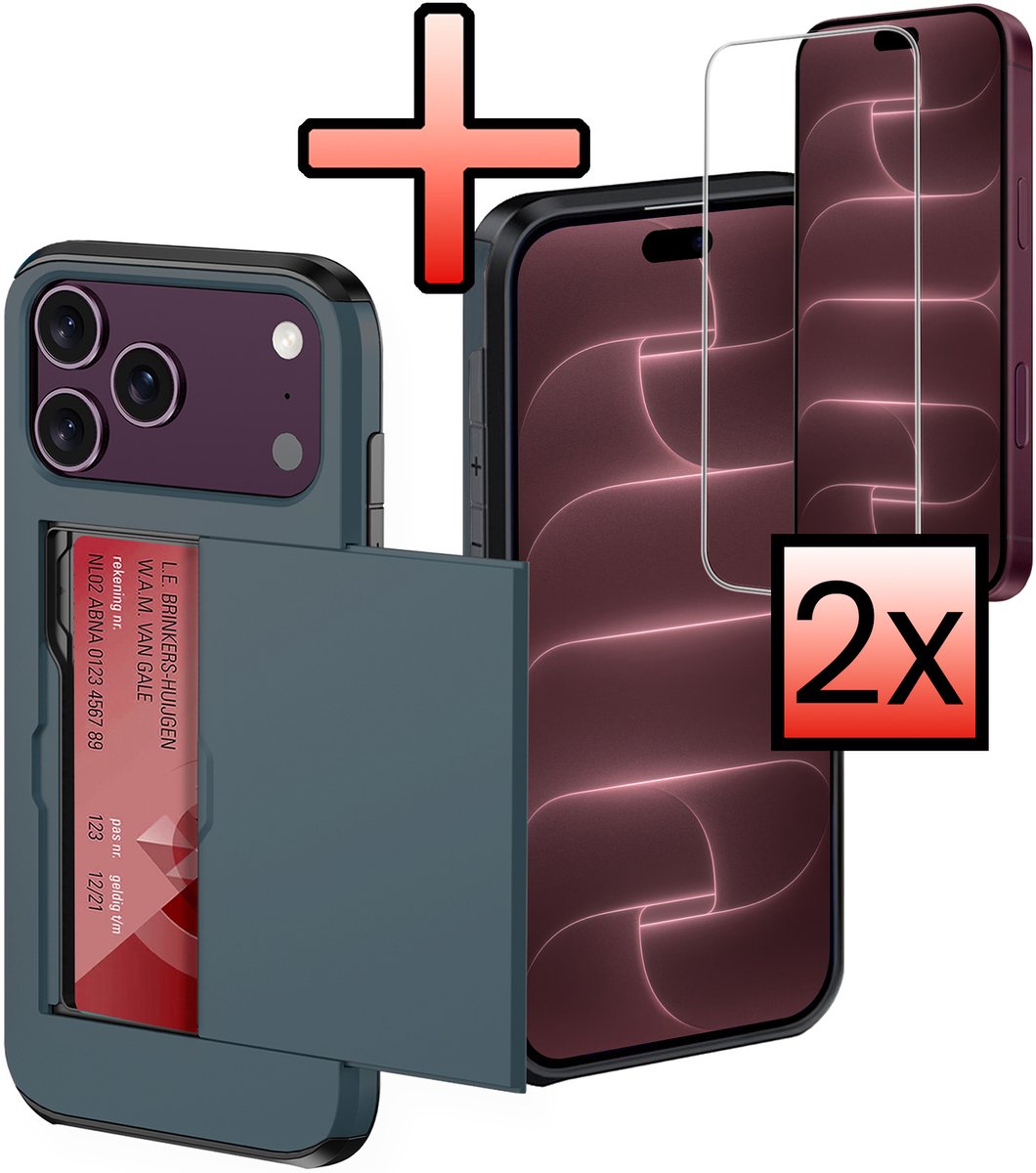 Hoes Geschikt voor iPhone 18 Pro Max Hoesje Pasjeshouder Hard Cover Met 2x Screenprotector Shock Proof Hard Case Hoes Met Kaarthouder - Donkerblauw