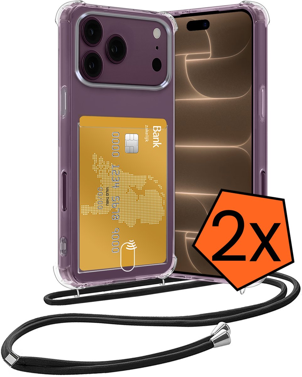 Hoesje Geschikt voor iPhone 18 Pro Max Hoesje Met Telefoonketting Pasjeshouder Shockproof Case Koord - Hoesje Geschikt voor iPhone 18 Pro Max Hoes Met Kaarthouder - Transparant - 2 PACK