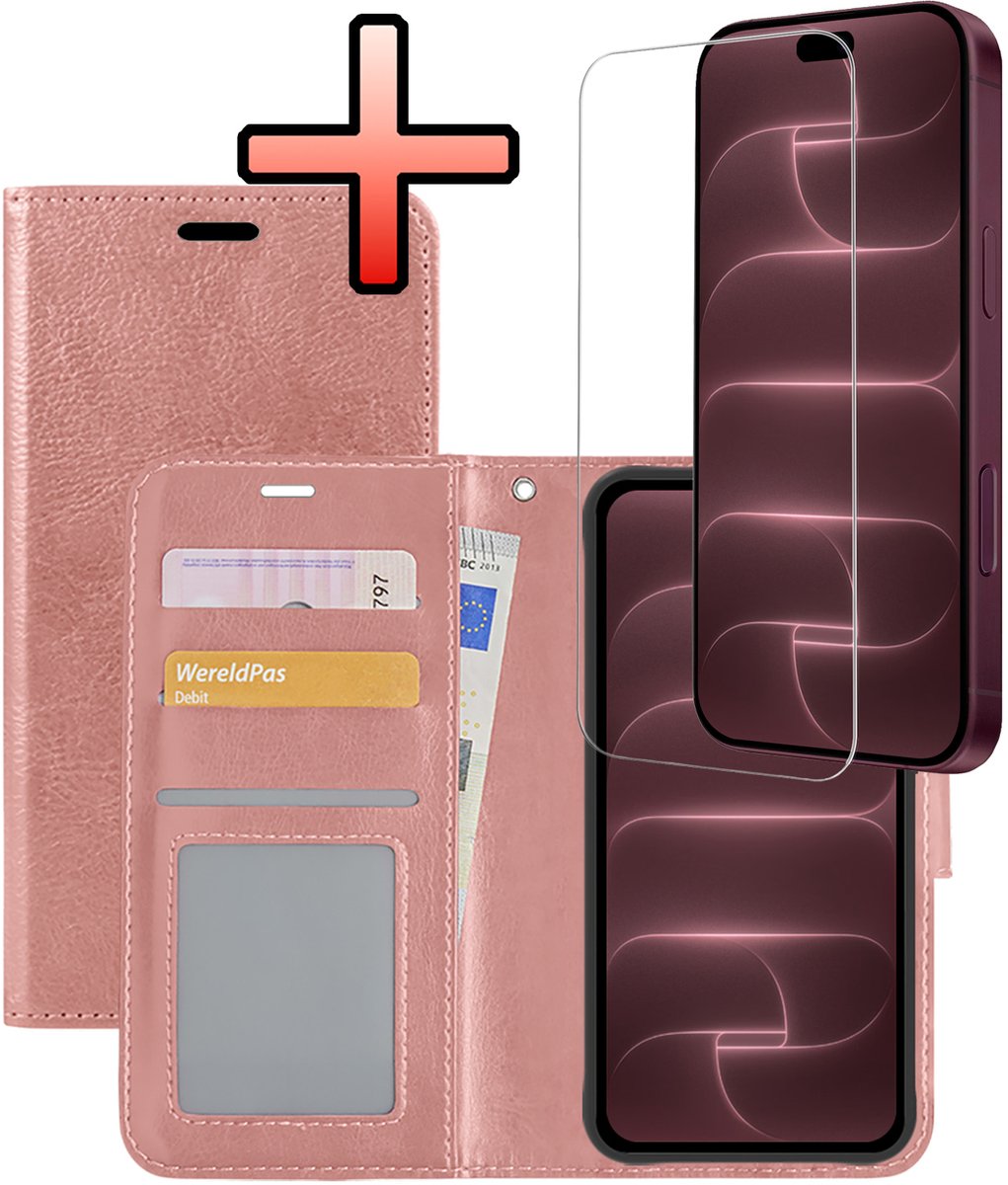 Hoesje - Met Screenprotector - Geschikt voor Apple iPhone 18 Pro - Luxe Pasjeshouder - Bookcase Portemonee - Flip Case - Kunstleer Book Case - Flipcase - Book Cover - Walletcase - Portemonneehoes - Rosé goud