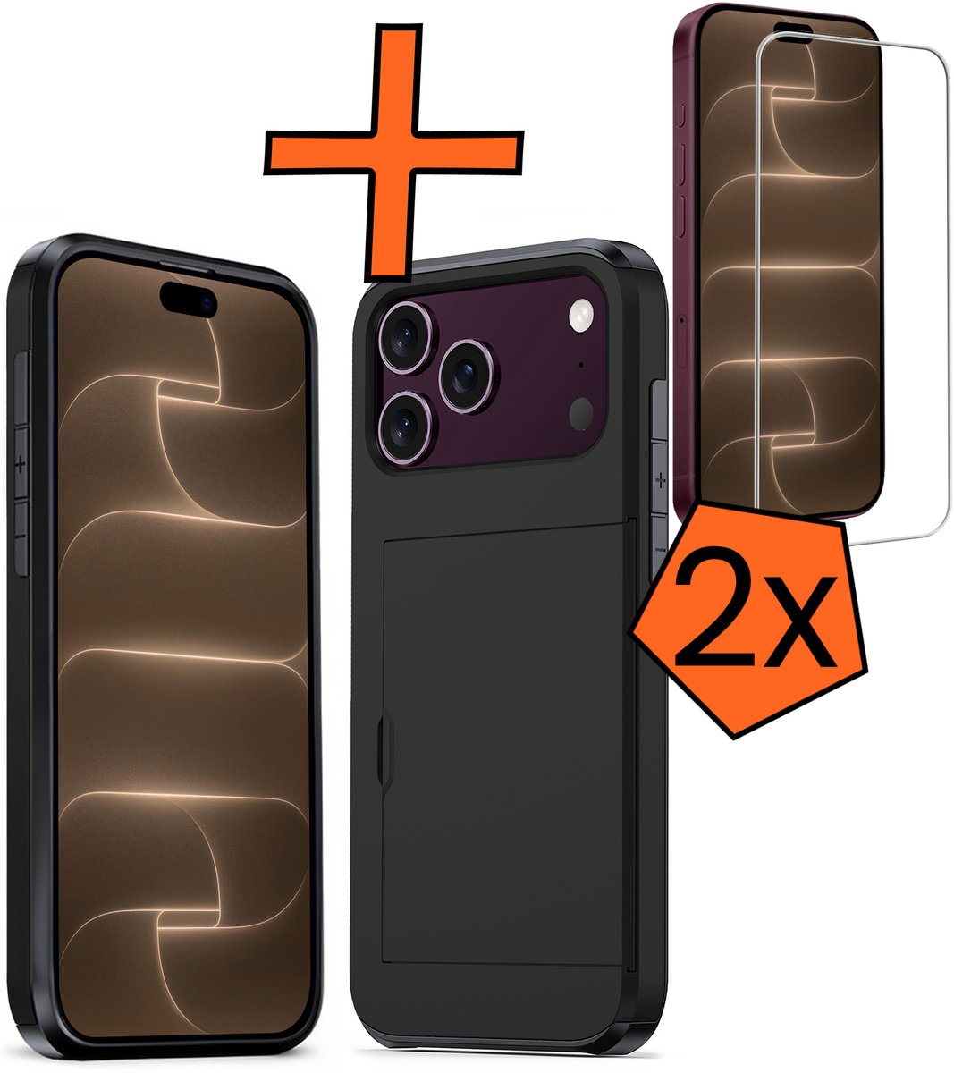 Hoesje Geschikt voor iPhone 18 Pro Hoesje Pasjeshouder Shockproof Hard Case Met 2x Screenprotector - Hoesje Geschikt voor iPhone 18 Pro Hoes Met Kaarthouder - Zwart