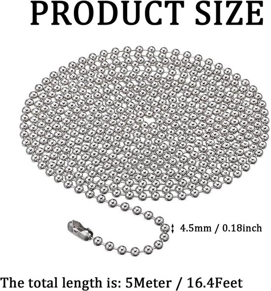 Ball Chain 5 m 0.5 cm RVS Ketting met 12 Verbindingen voor Beads en Parels - Zilverkleurig Accessoire — afbeelding 5