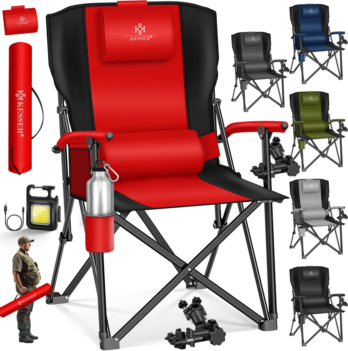 KESSER® Campingstoel - opvouwbaar tot 160 kg - gevoerd met armleuningen en bekerhouder - zwart/zwart