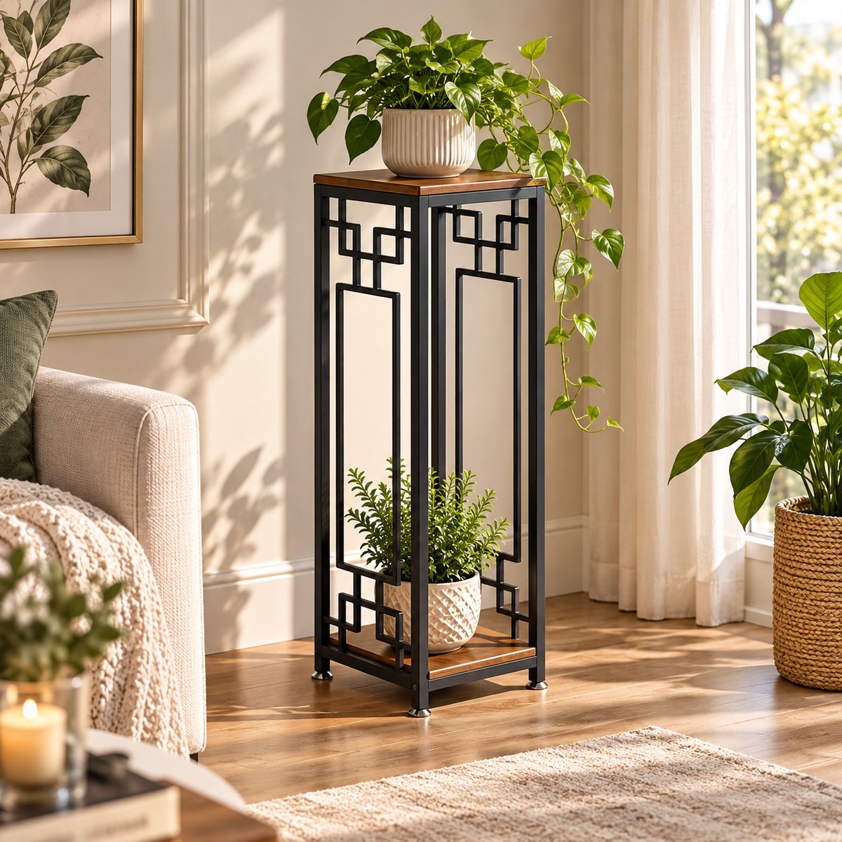 Rojellaa Hoge Plantenstandaard - Geometrisch Metaal en Hout - 80 cm - Zwart