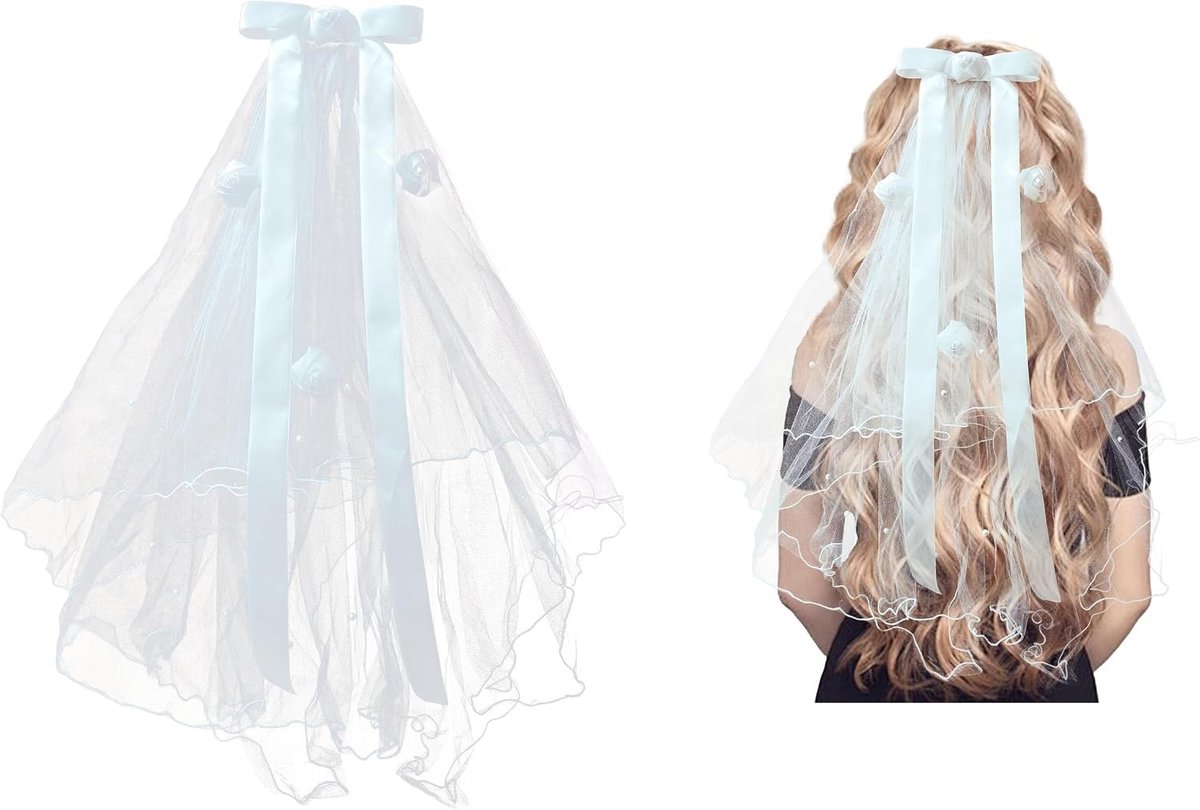 Korte Bruidsluier van 55 cm met Haarclip, Dubbele Laag en Zijde Rozenstrik voor Vrijgezellenfeest Accessoires