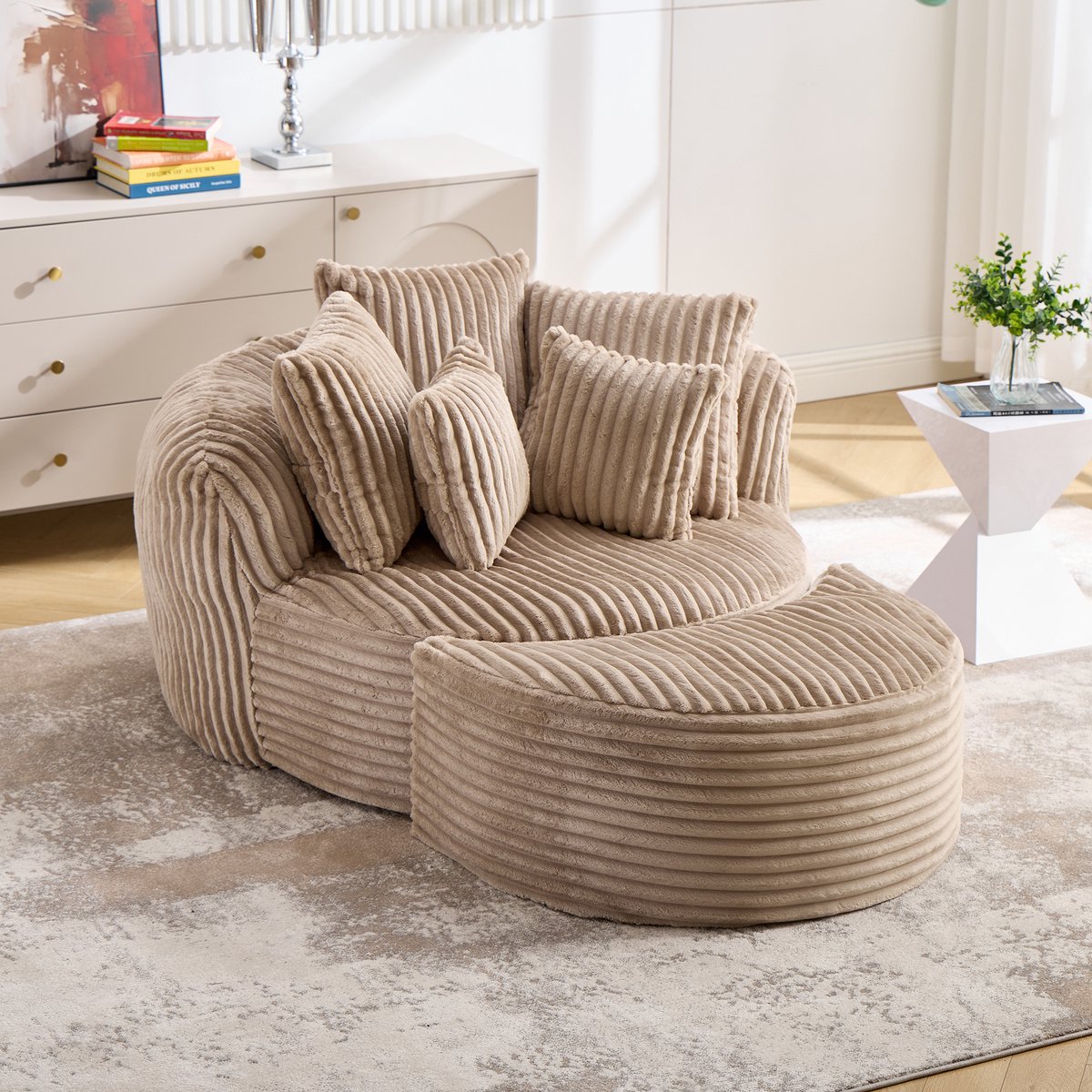 STILVORA Fauteuil 168 Bij 123 Bij 63 cm - Loungestoel Met Hocker En Vijf Kussens - Voor Woonkamer En Slaapkamer - Chenille - Camel En Bruin Camel+Brown
