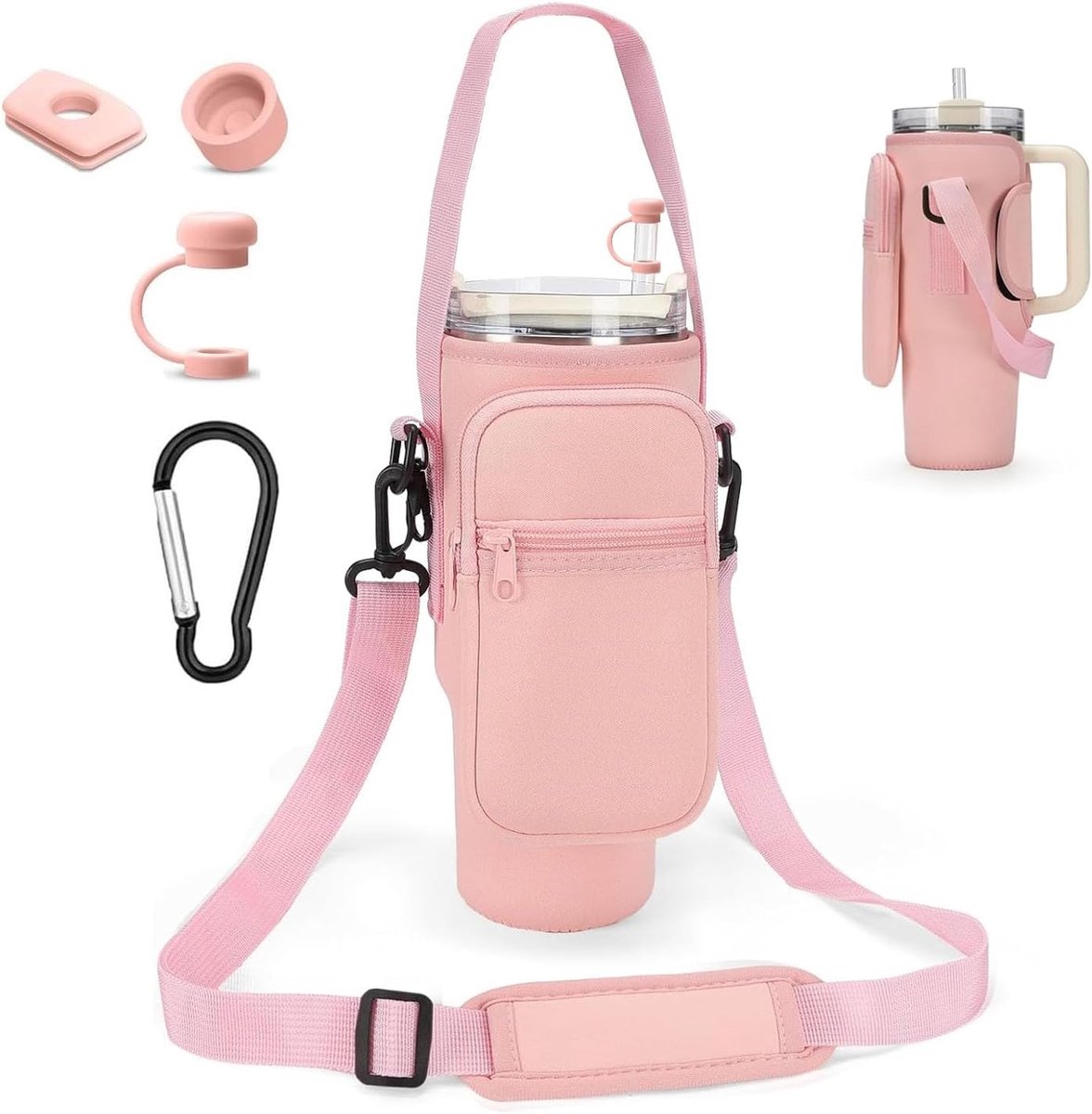 Stanley Cup tas - Waterfles draagtas - Bekerhouder met vak - Verstelbare schoudertas - Telefoonvak met rits - Inclusief karabijnhaak - Voor reizen sporten - Roze - 1,2 liter - 40 oz