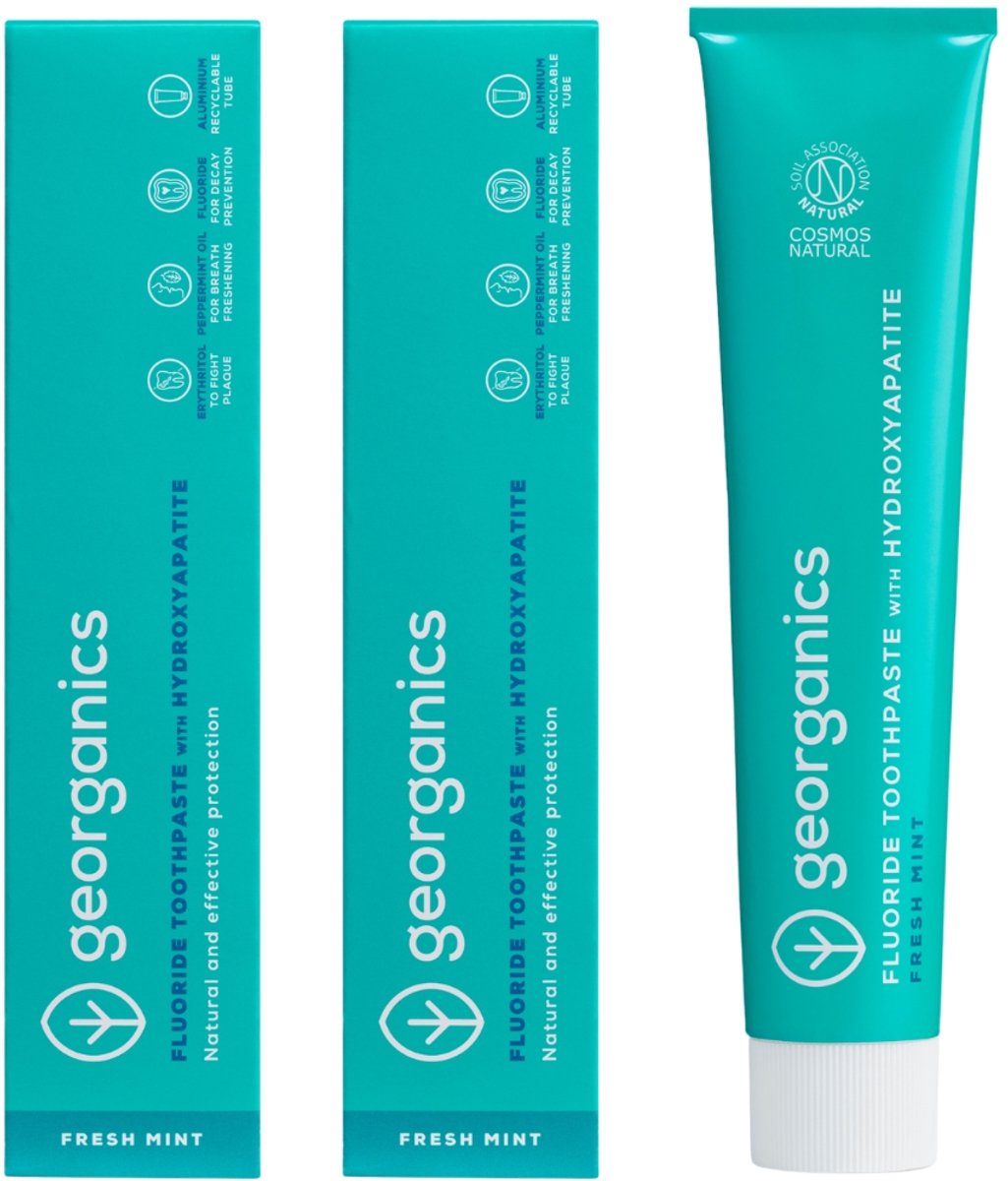 Georganics - Fresh Mint Tandpasta - 1350 ppm - 3 x 75 ml - Natuurlijke - Met Hydroxyapatiet Fluoride - Erythritol