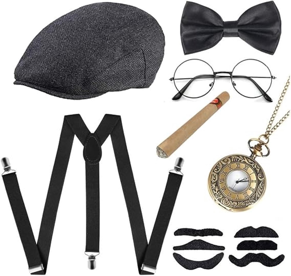 Jaren 20 kostuum - Gangster outfit heren - Maffia accessoires set - Panamahoed met bretels - Vlinderdas en zakhorloge - Retro feestkleding - Charleston stijl - Carnaval Halloween themafeest - Zwart