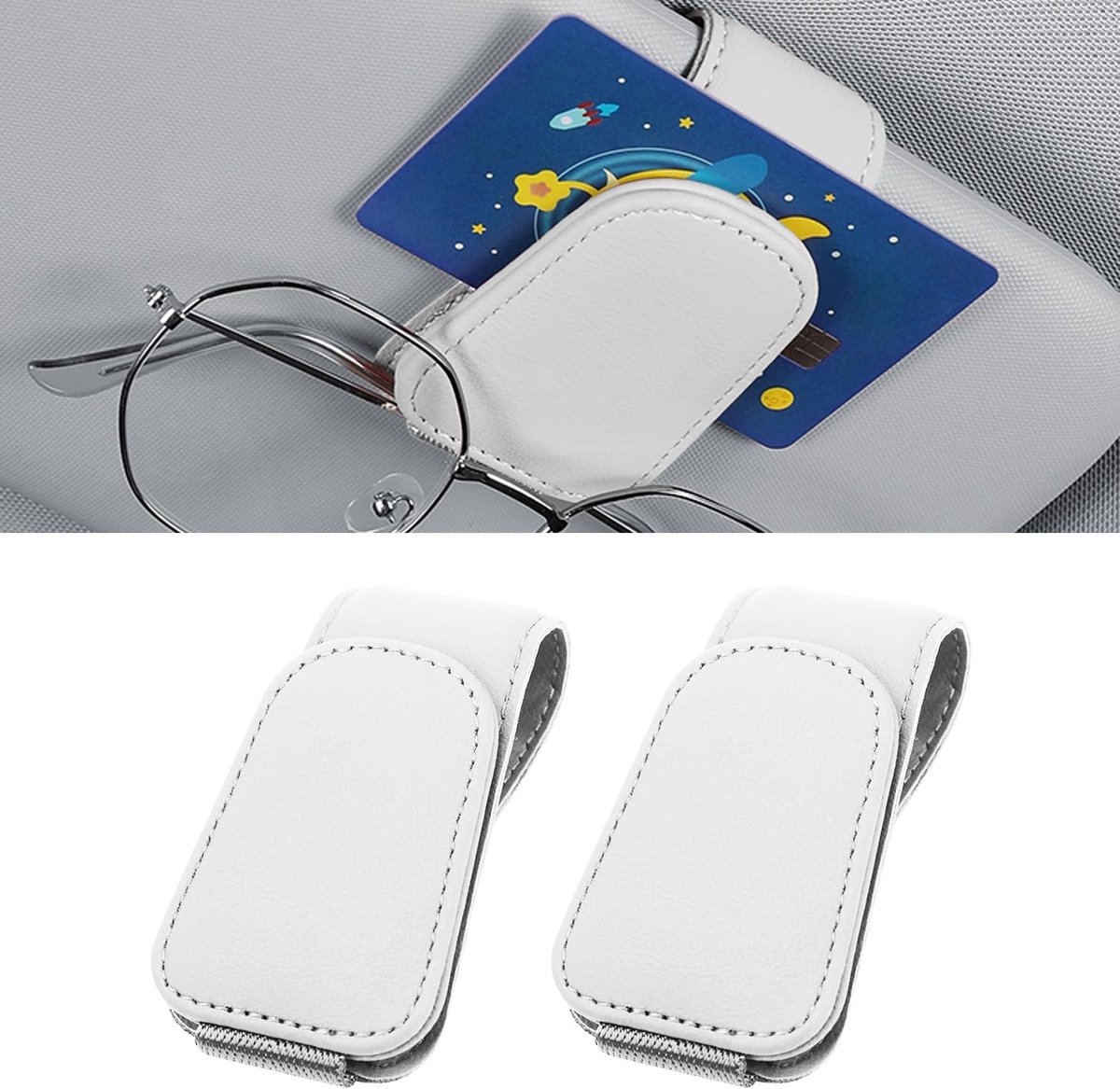 Brillenhouder voor autozonneklep - Magnetische zonnebrilhouder auto - Opbergclip voor bril - Kaartvak voor kleine spullen - Slijtvast duurzaam PU-leer - Stevige zonneklep bevestiging - Wit - 8,7 x 4,7 cm