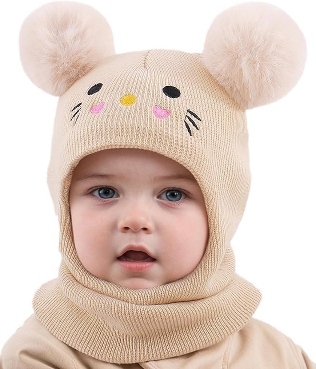 Bivakmuts kind - Babymuts winter - Warme sjaalmuts - Gebreide muts met pompons - Winddichte hoofdbescherming - Voor buitenactiviteiten - Geschikt voor skiën - Beige - 6 maanden - Tot 6 jaar
