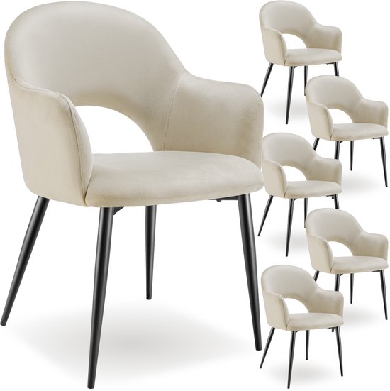 Set van 6 creme eetkamerstoelen met armleuningen, fluwelen look en zwarte metalen poten.