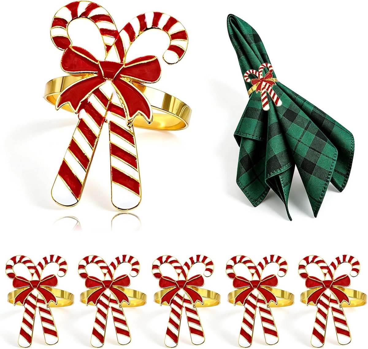 12 Pcs kerstservetringen in zuurstokvorm van legering - gouden servethouders met rood‑wit emaille en strikje - feestdagen tafeldecoratie voor kerst en nieuwjaar