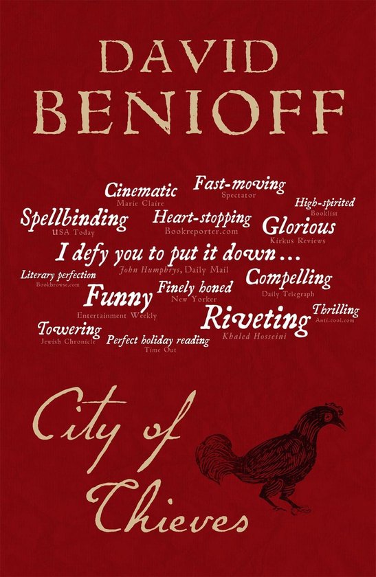 Boekomslag van 'City of Thieves' door David Benioff, met rode letters en een tekening van een haan.