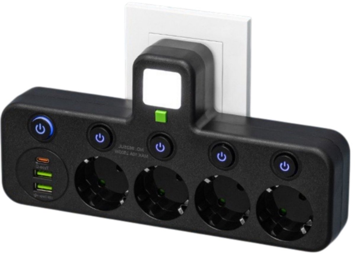 1 stuk - Wandcontactdoos volgens Europese standaard - Multiport-voeding - Stekkerdoos - Oplader - 23,4*6,3 cm - Geschikt voor thuis- en kantoorgebruik - Zwart