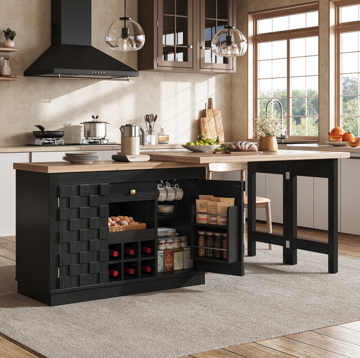 DESMIU Keukenkast – 120-197 Cm – 360 Graden Draaibaar – MDF En Metaal – Zwart – Keukenisland, Zijkast En Eettafel – Uitneembaar Wijnrek