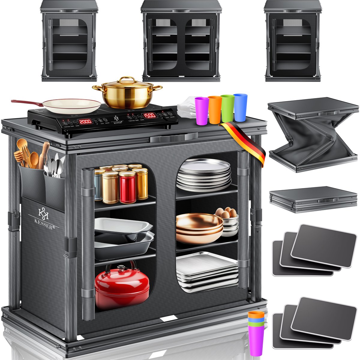 KESSER® Campingkeuken opvouwbaar - Aluminium frame met 6 vakken en vliegengaas - 84x80 cm - Antraciet