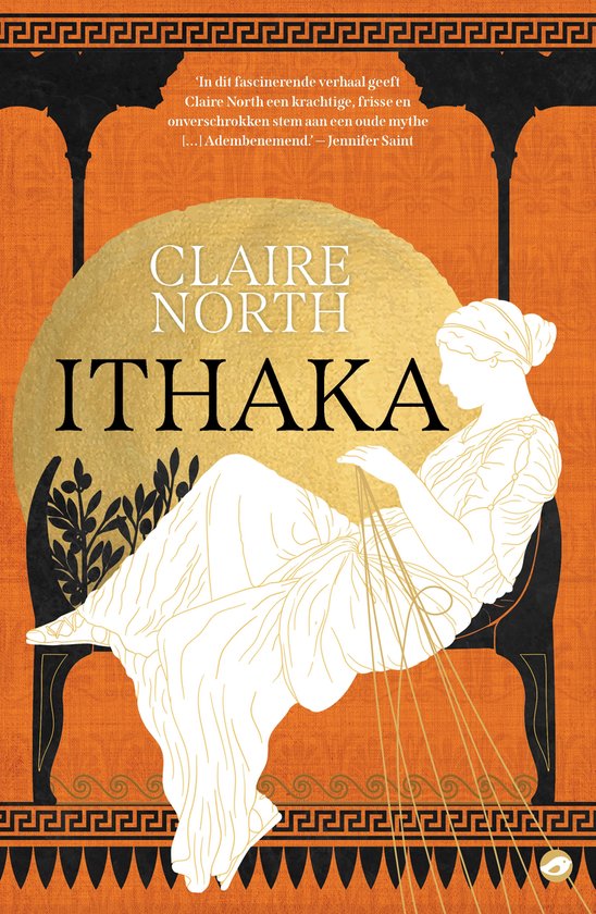 Boekomslag van 'ITHAKA' van Claire North, met een gouden cirkel en een wit silhouet van een vrouw in Griekse klederdracht.
