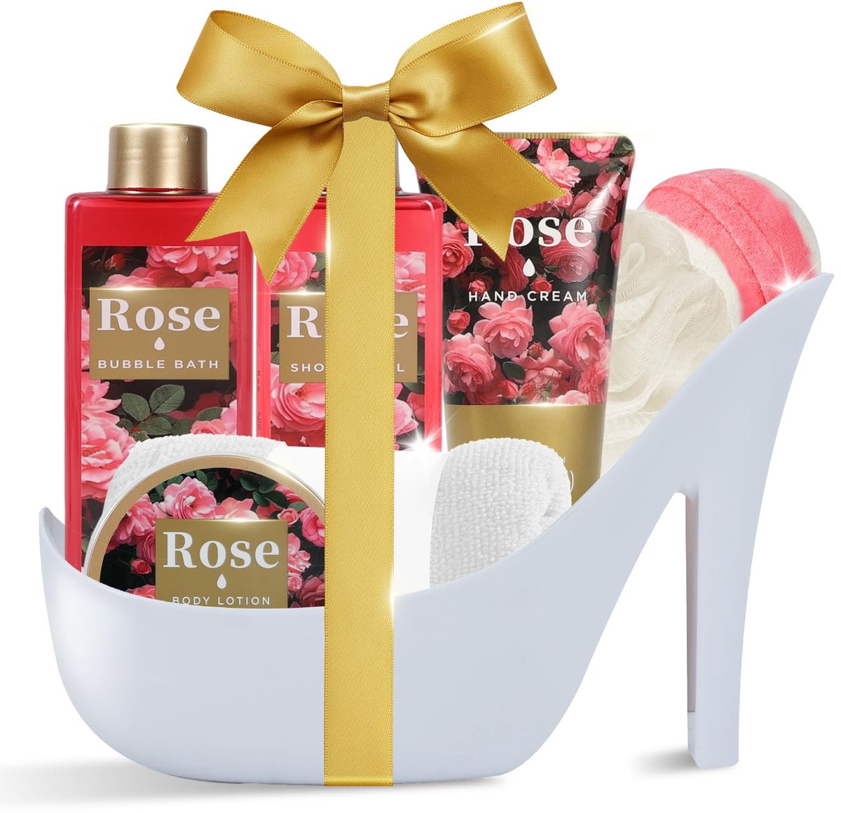 Spa Luxetique - Wellness Verwenpakket Vrouw in Witte Pump - Rose Beauty - Geschenkset Vrouwen - Wellness bath - Verjaardag Cadeau Vrouw, Moeder, Mama, Zus, Vriendin, Oma, Juf - Cadeaupakket voor haar - Grappige Cadeautjes Dames