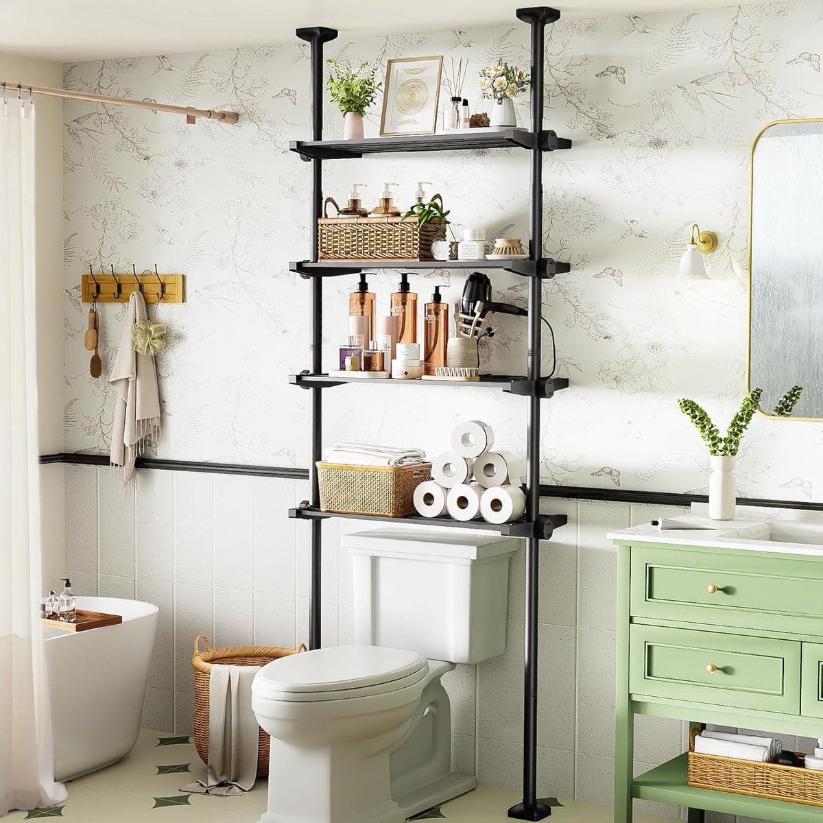 SnelShoppen - Over the toilet opslagrek, 4-laags badkamer rek voor smalle ruimtes, zonder boren, verstelbare hoogte 122-315CM & breedte 49-79CM, Zwart
