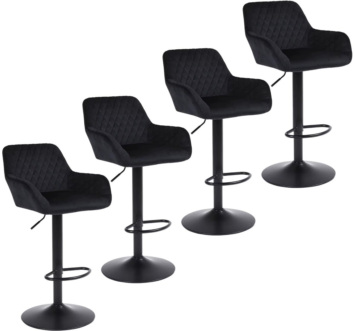 Whoopr® Barkrukken Set van 4 – Zwarte Fluwelen Barstoelen met Armleuningen & Rugleuning – In Hoogte Verstelbaar en Draaibaar – Met Voetsteun – Draagvermogen 150 kg