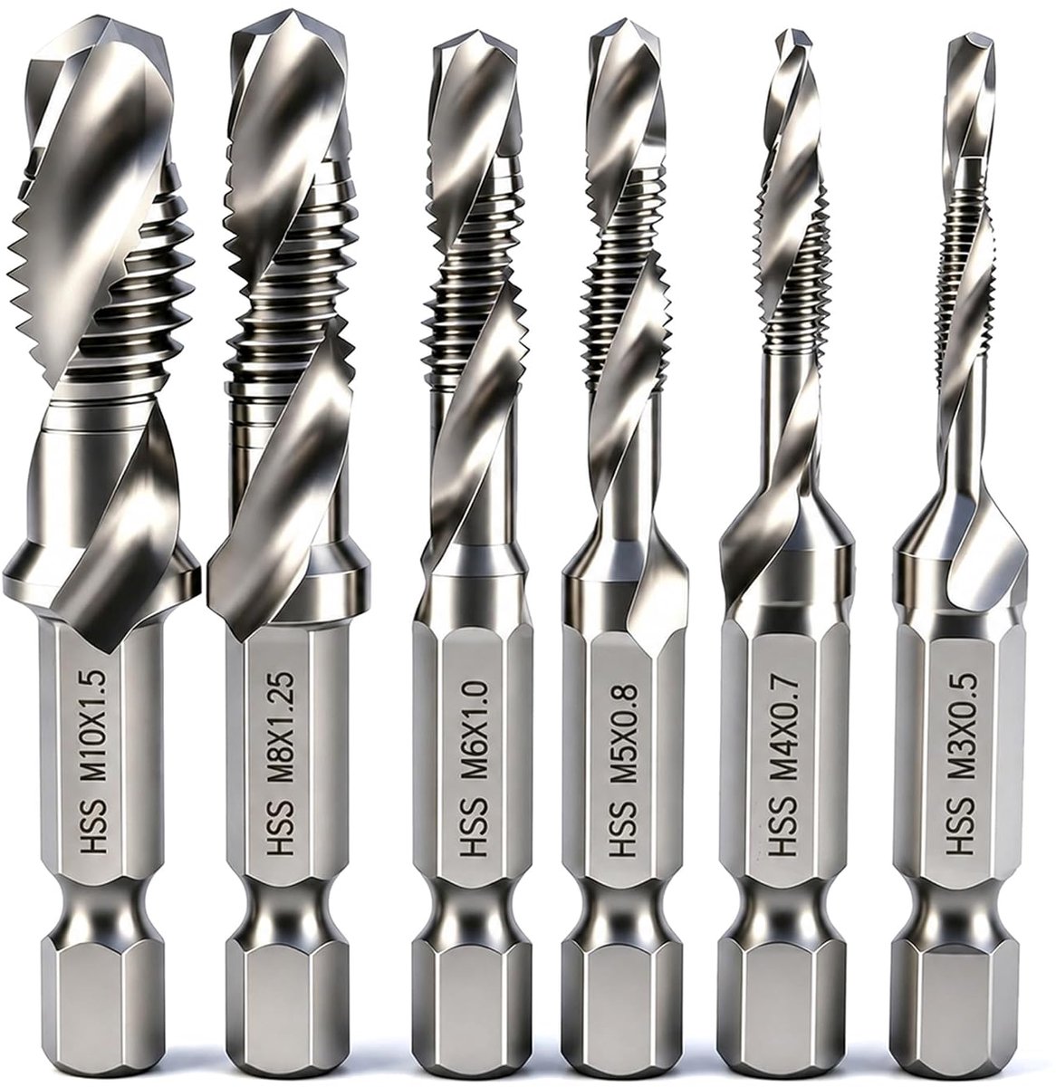 Set van 6 combi-tapboren M3 M4 M5 M6 M8 M10 met zeskantschacht 6 mm - ShopVlot
