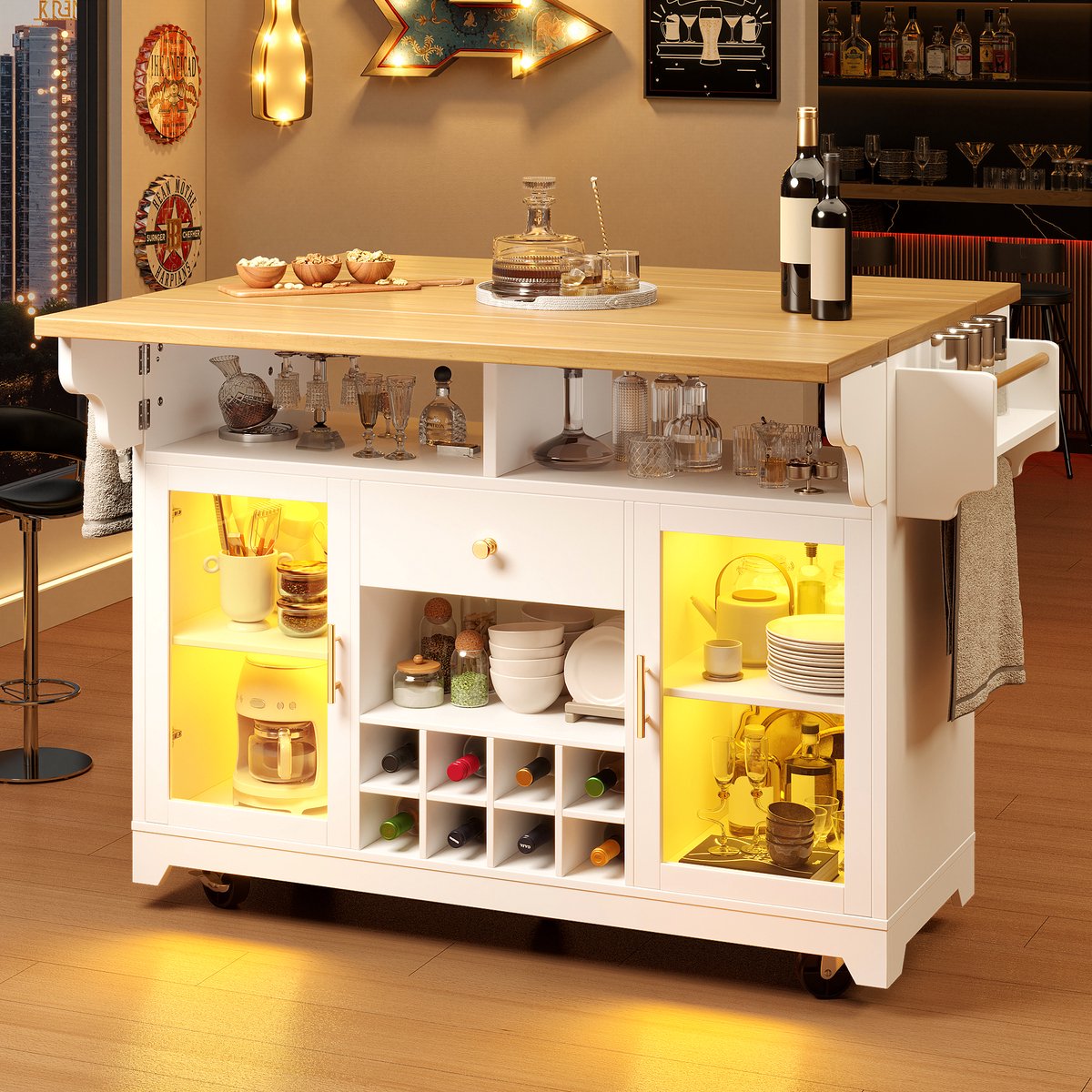 MIVRAY Keukeneiland - Uitklapbaar Met RGB Ledverlichting En Wijnrek - Mobiel Voor Keuken En Woonkamer - MDF En Metaal - 120x80x95 Cm - Wit