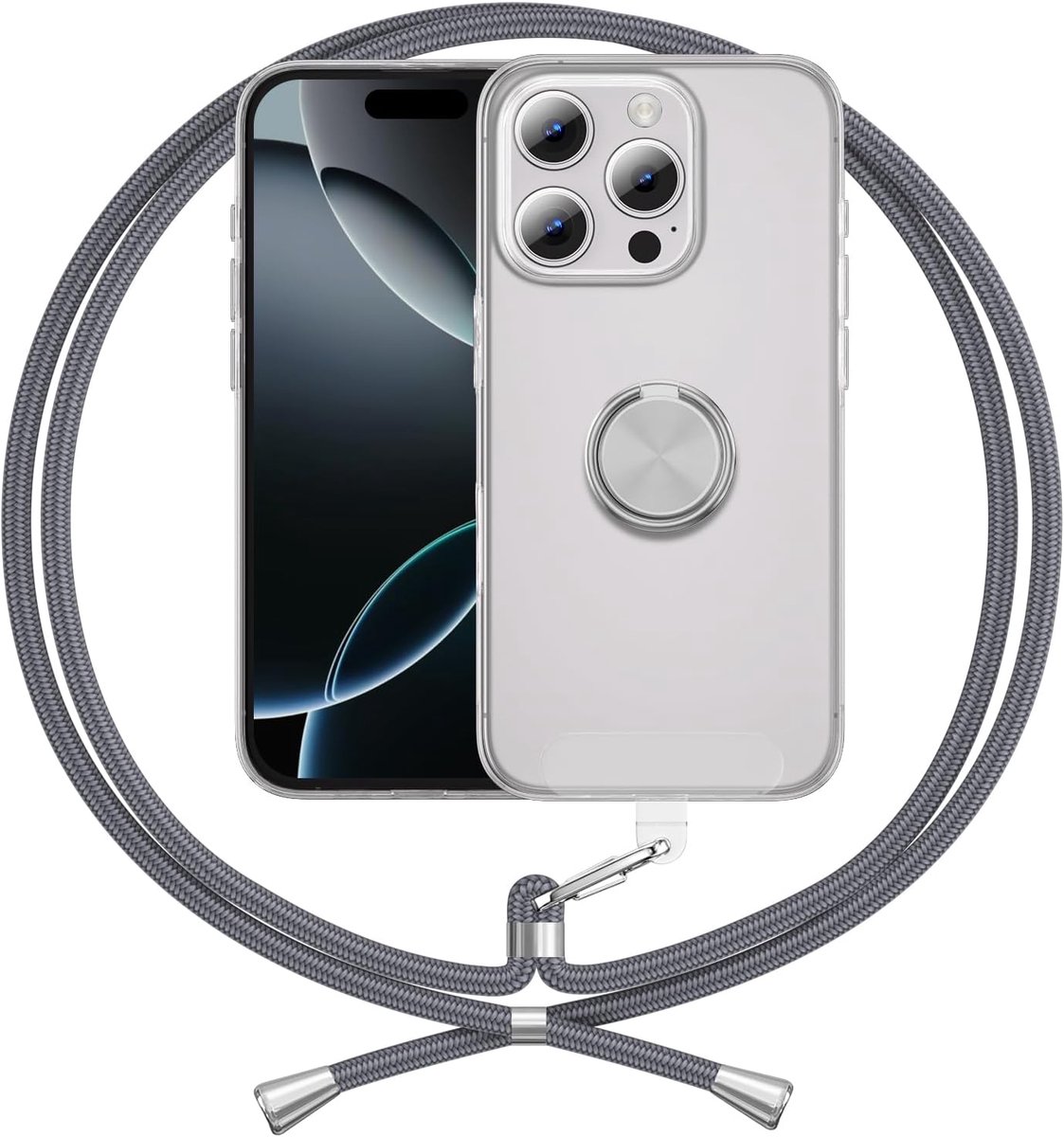 Case Compatible with iPhone 16 Pro Max Cord,Ring Kickstand Lanyard Phone Case Clear Transparent Silicone Case,Grey - ShopVlot
